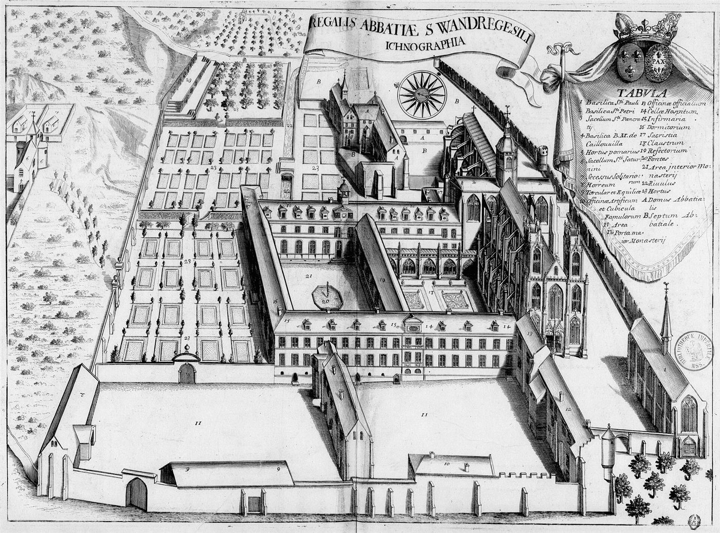 Gestochene Ansicht des Hauses im Monasticon Gallicanum: Abbaye Saint-Wandrille de Fontenelle