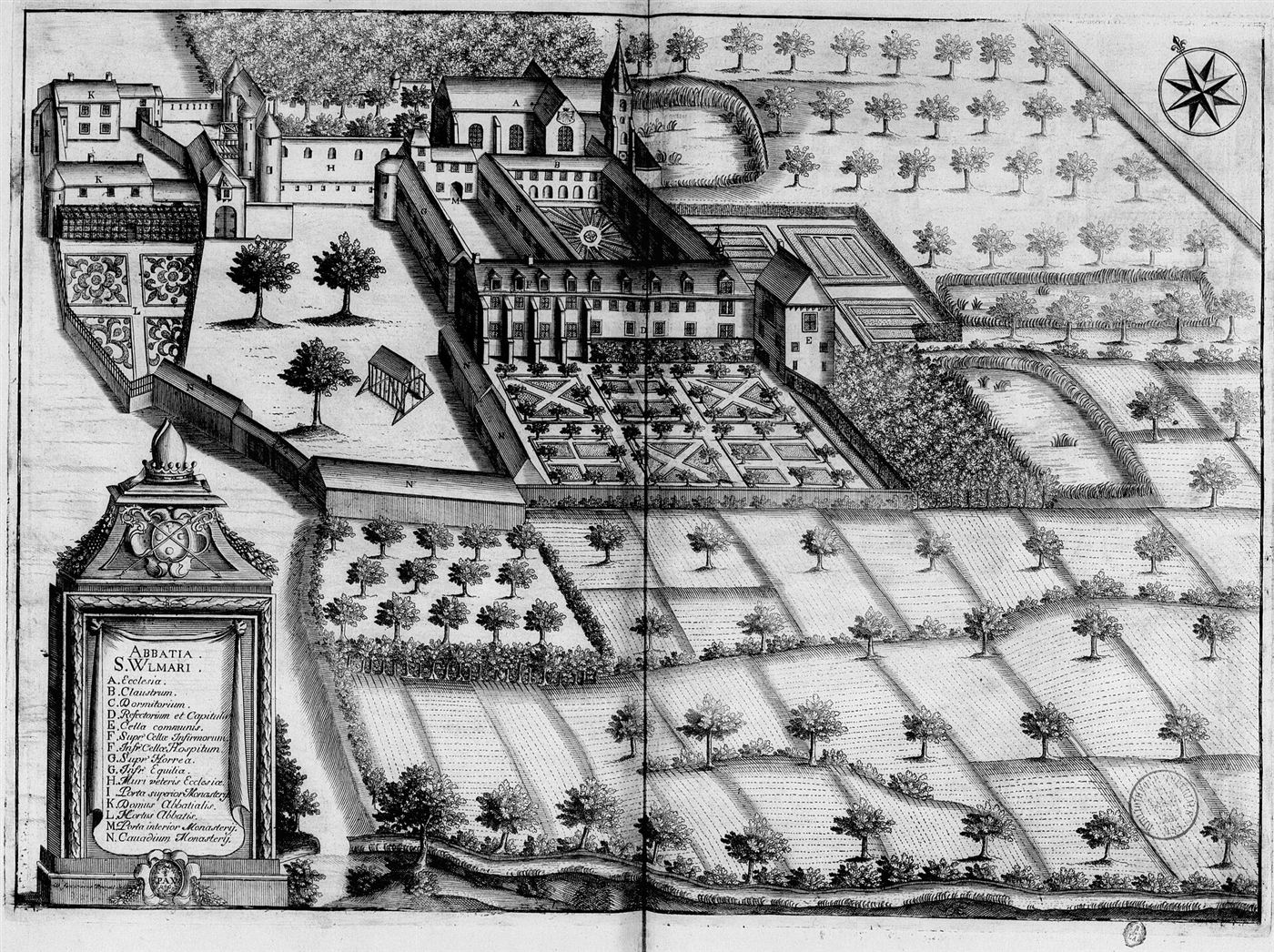 Gestochene Ansicht des Hauses im Monasticon Gallicanum: Abbaye Saint-Wulmer de Samer