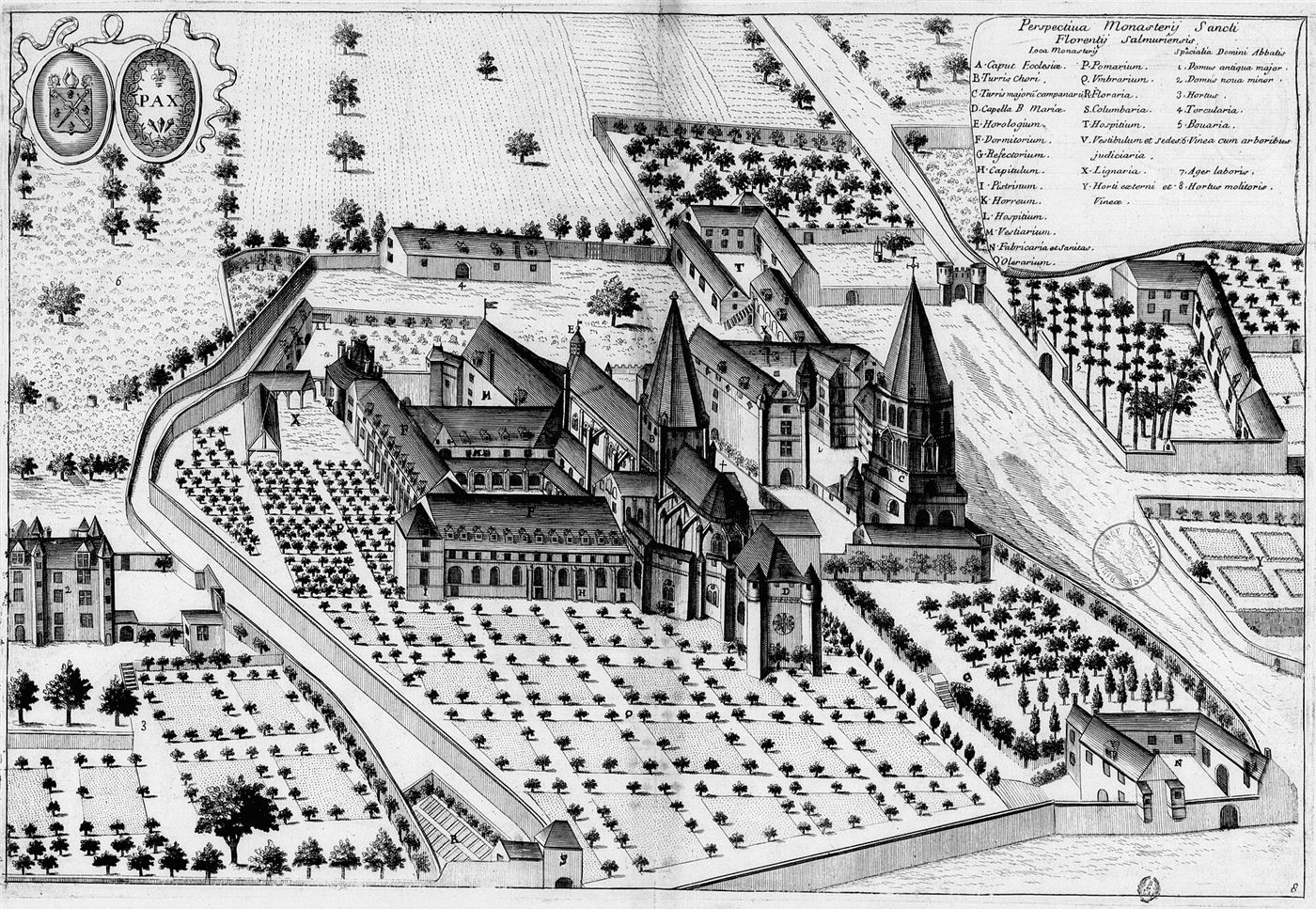 Gestochene Ansicht des Hauses im Monasticon Gallicanum: Abbaye Saint-Florent de Saumur (Saint-Florent-lès-Saumur)