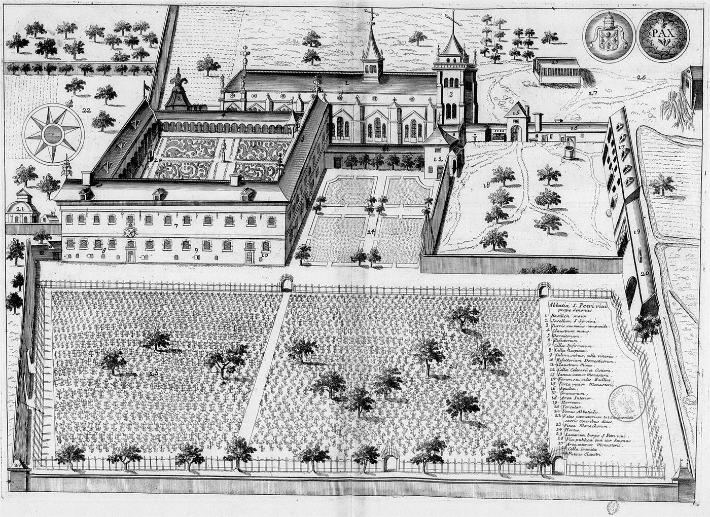 Gestochene Ansicht des Hauses im Monasticon Gallicanum: Abbaye Saint-Pierre-le-Vif de Sens