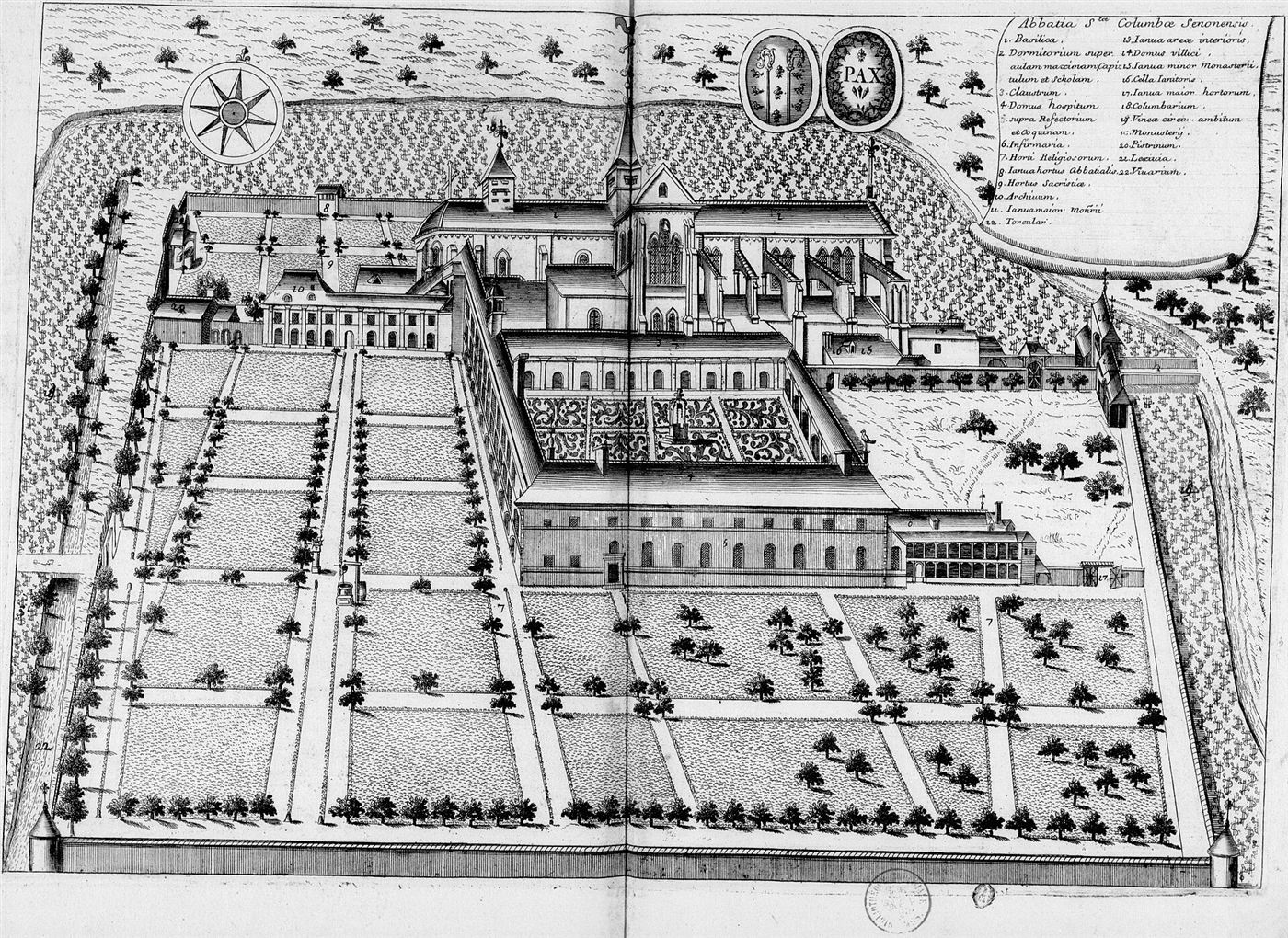 Gestochene Ansicht des Hauses im Monasticon Gallicanum: Abbaye Sainte-Colombe-lès-Sens