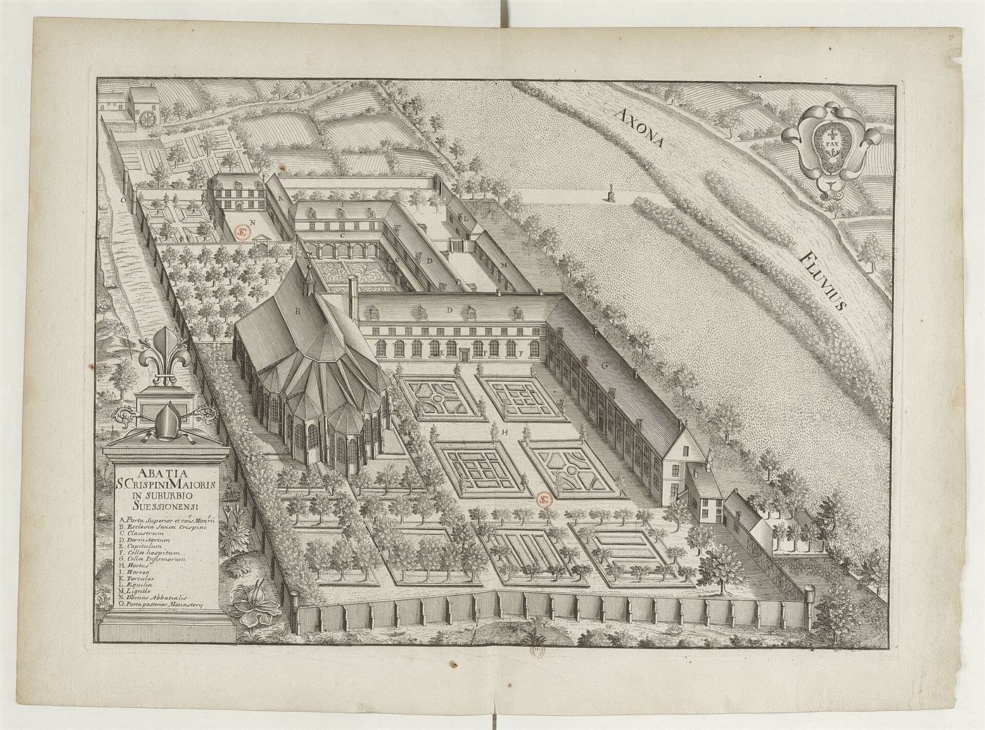 Gestochene Ansicht des Hauses im Monasticon Gallicanum: Abbaye Saint-Crépin-le-Grand de Soissons
