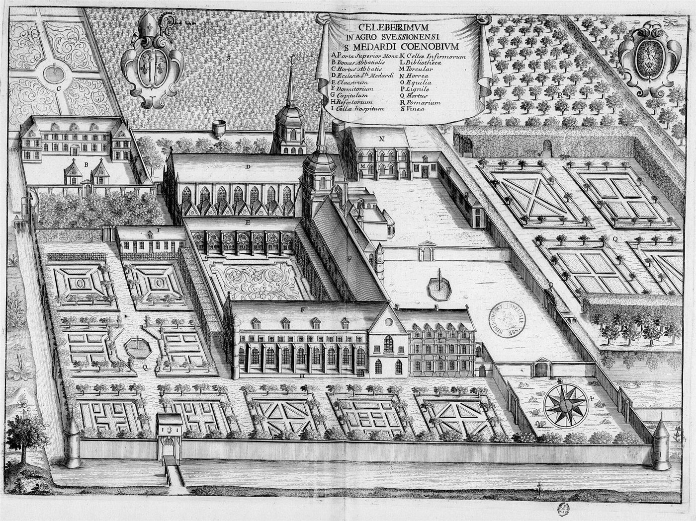 Gestochene Ansicht des Hauses im Monasticon Gallicanum: Abbaye Saint-Médard de Soissons
