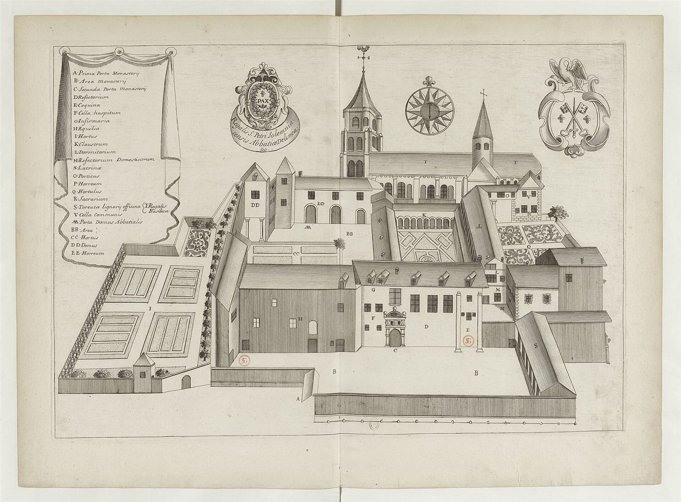 Gestochene Ansicht des Hauses im Monasticon Gallicanum: Abbaye Saint-Pierre de Solignac
