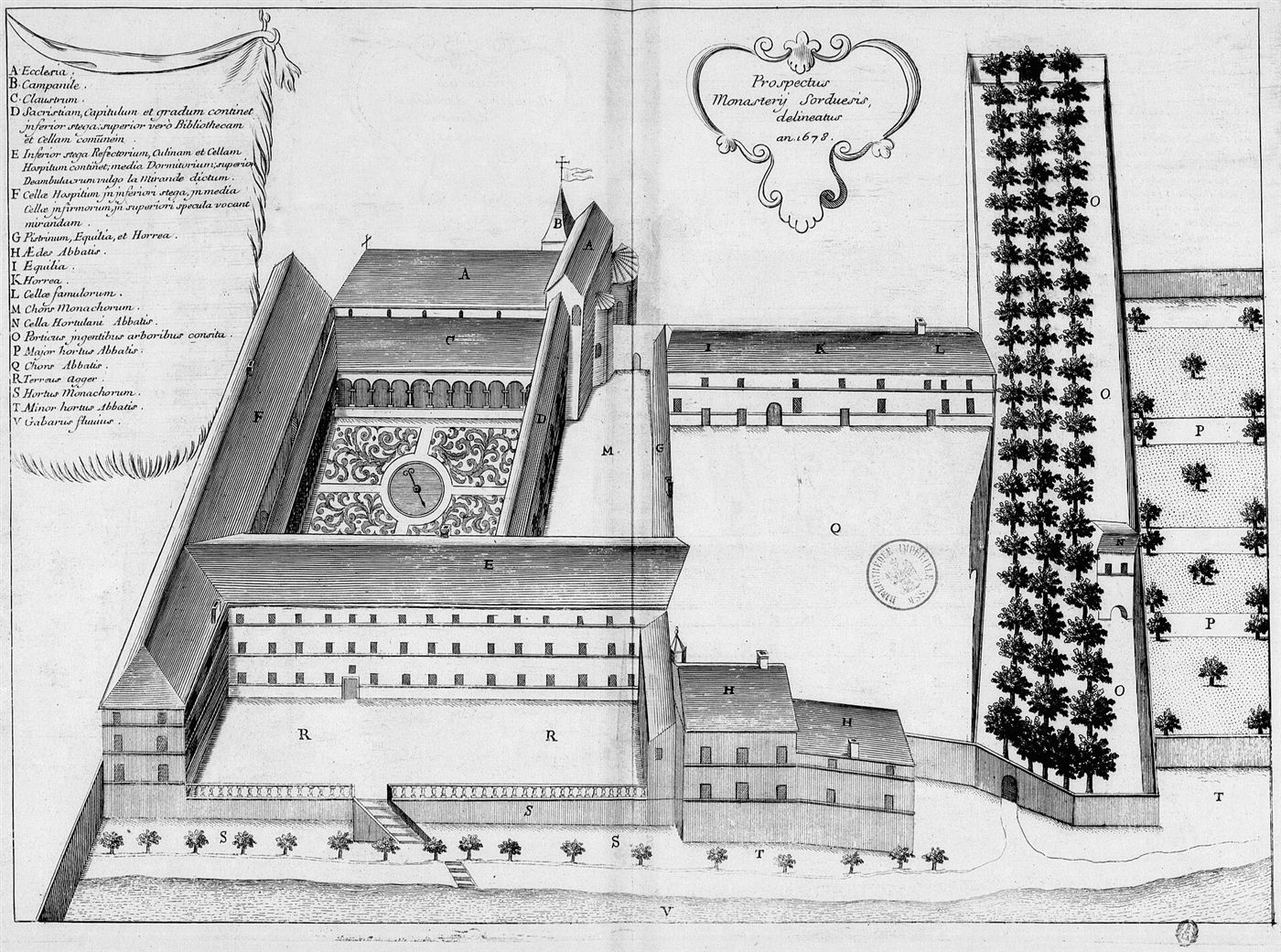 Gestochene Ansicht des Hauses im Monasticon Gallicanum: Abbaye Saint-Jean de Sorde