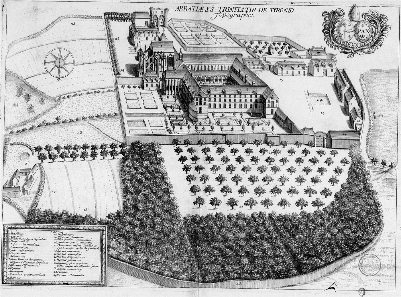 Gestochene Ansicht des Hauses im Monasticon Gallicanum: Abbaye de la Sainte-Trinité de Tiron