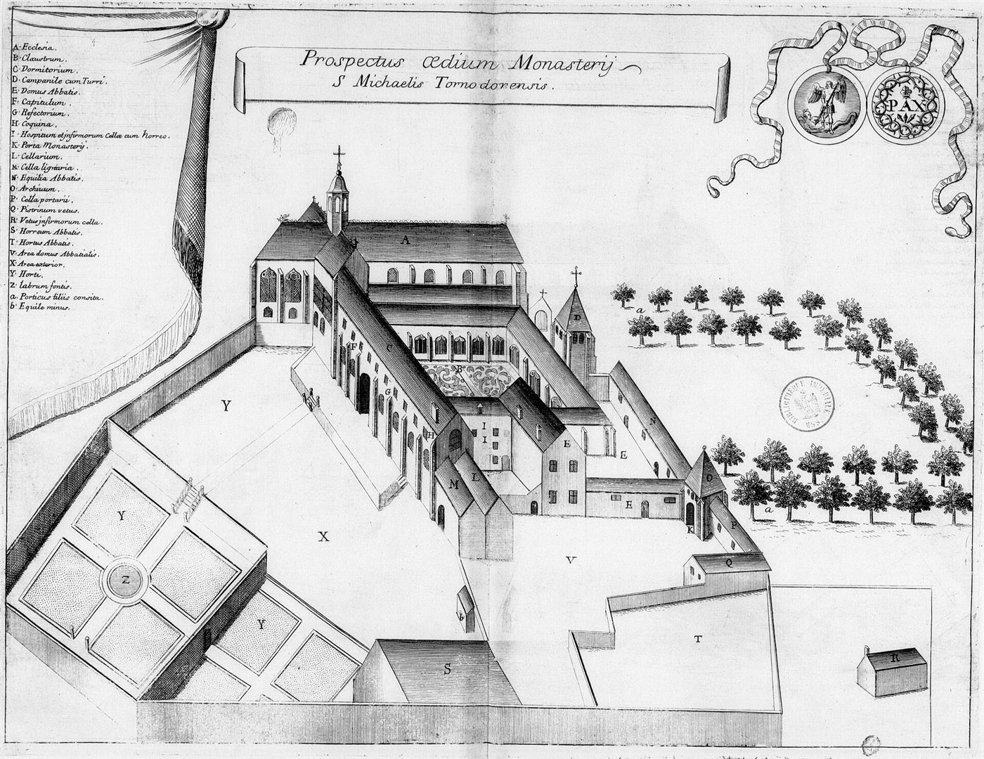 Gestochene Ansicht des Hauses im Monasticon Gallicanum: Abbaye Saint-Michel de Tonnerre
