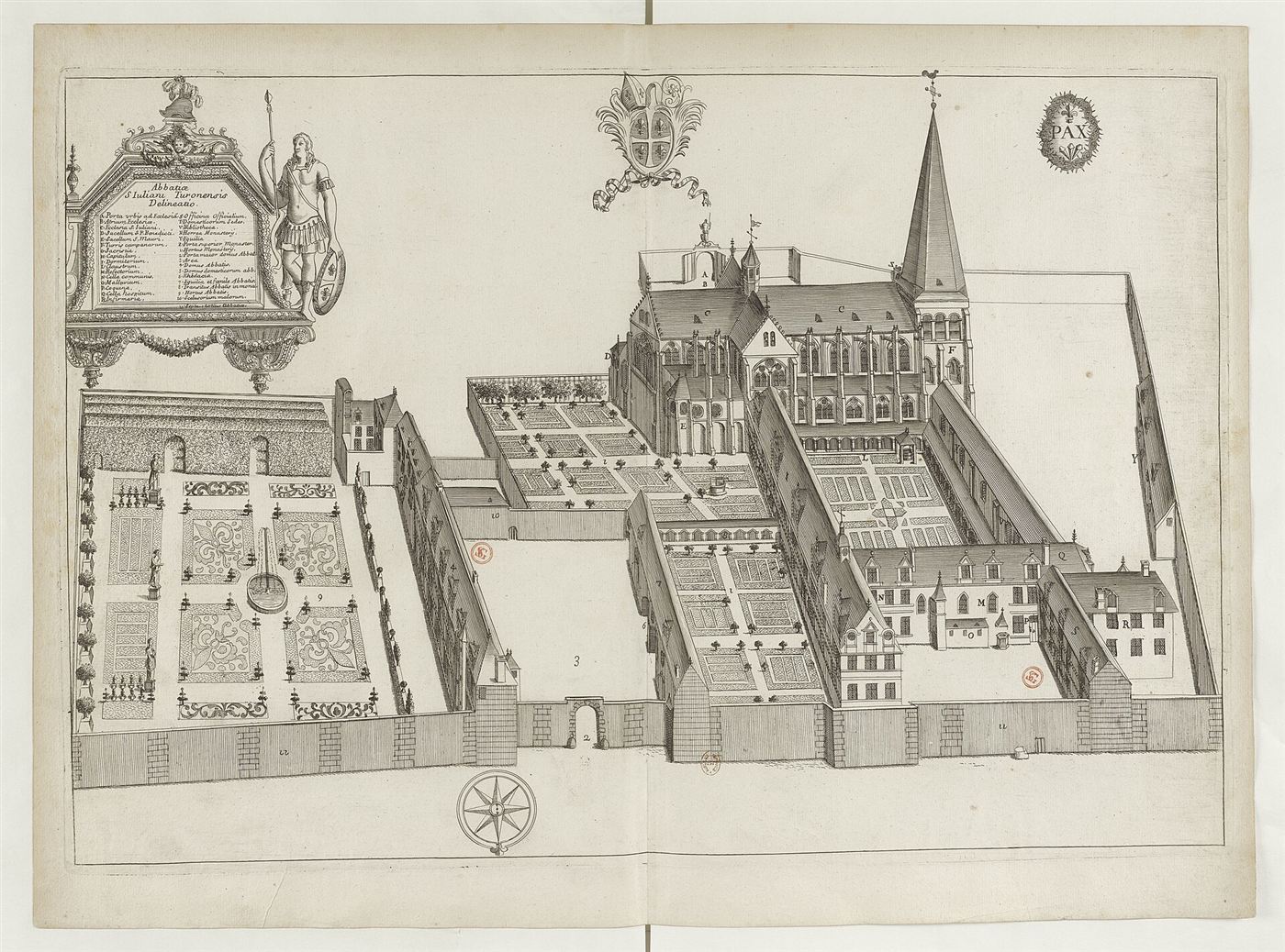 Gestochene Ansicht des Hauses im Monasticon Gallicanum: Abbaye Saint-Julien de Tours