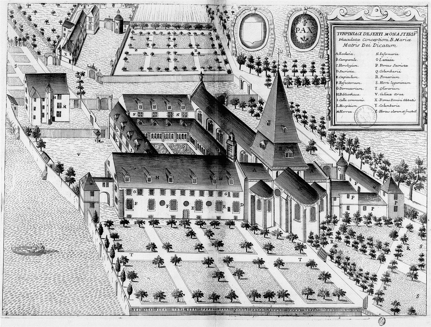 Gestochene Ansicht des Hauses im Monasticon Gallicanum: Abbaye Notre-Dame de Turpenay