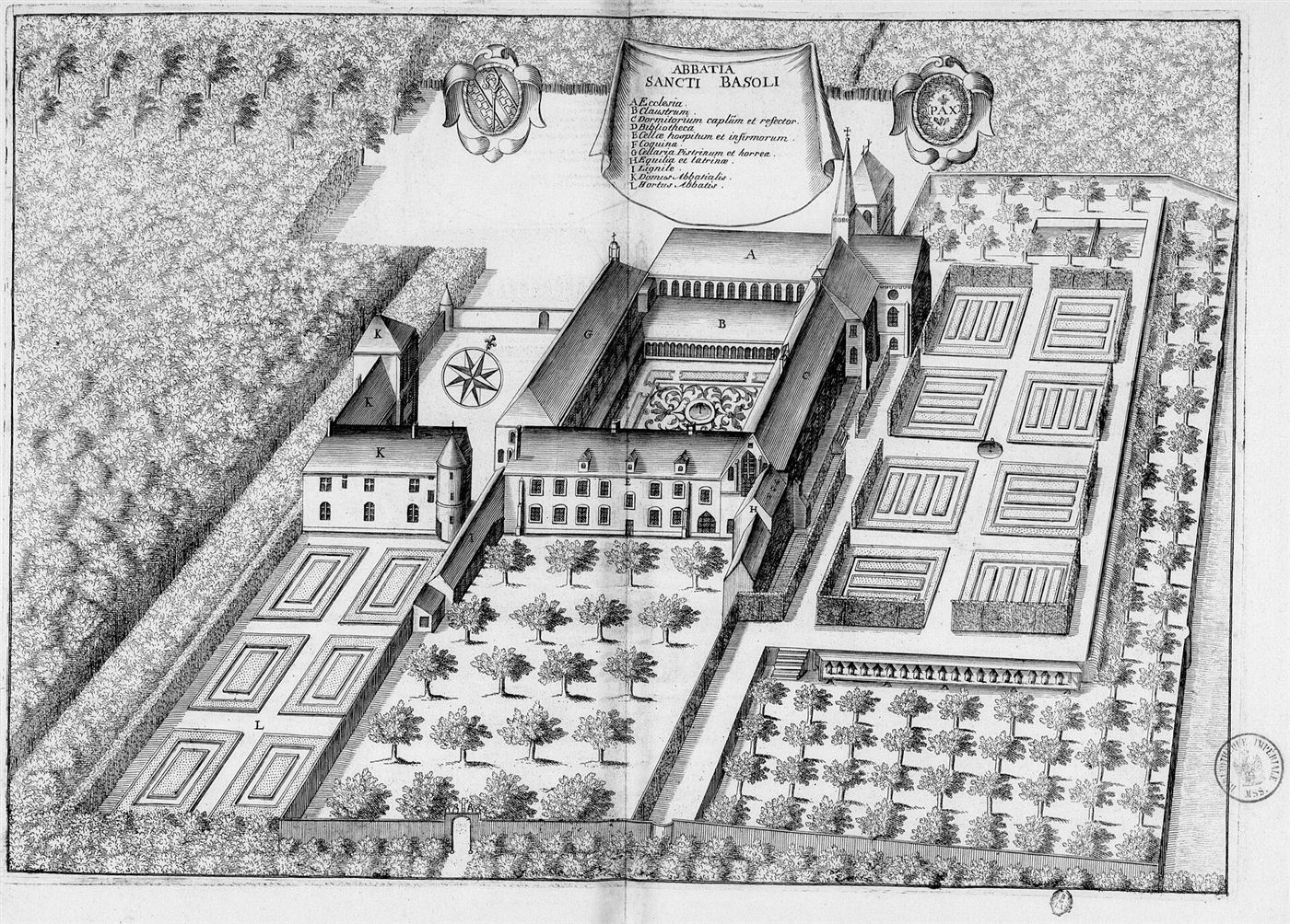 Gestochene Ansicht des Hauses im Monasticon Gallicanum: Abbaye Saint-Basle de Verzy