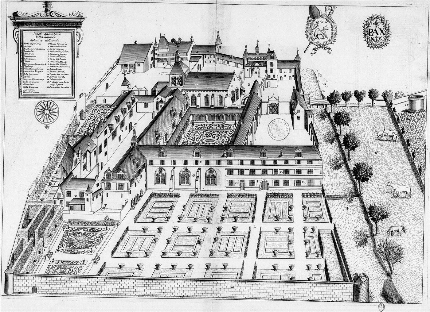 Gestochene Ansicht des Hauses im Monasticon Gallicanum: Abbaye Saint-Sauveur de Villeloin