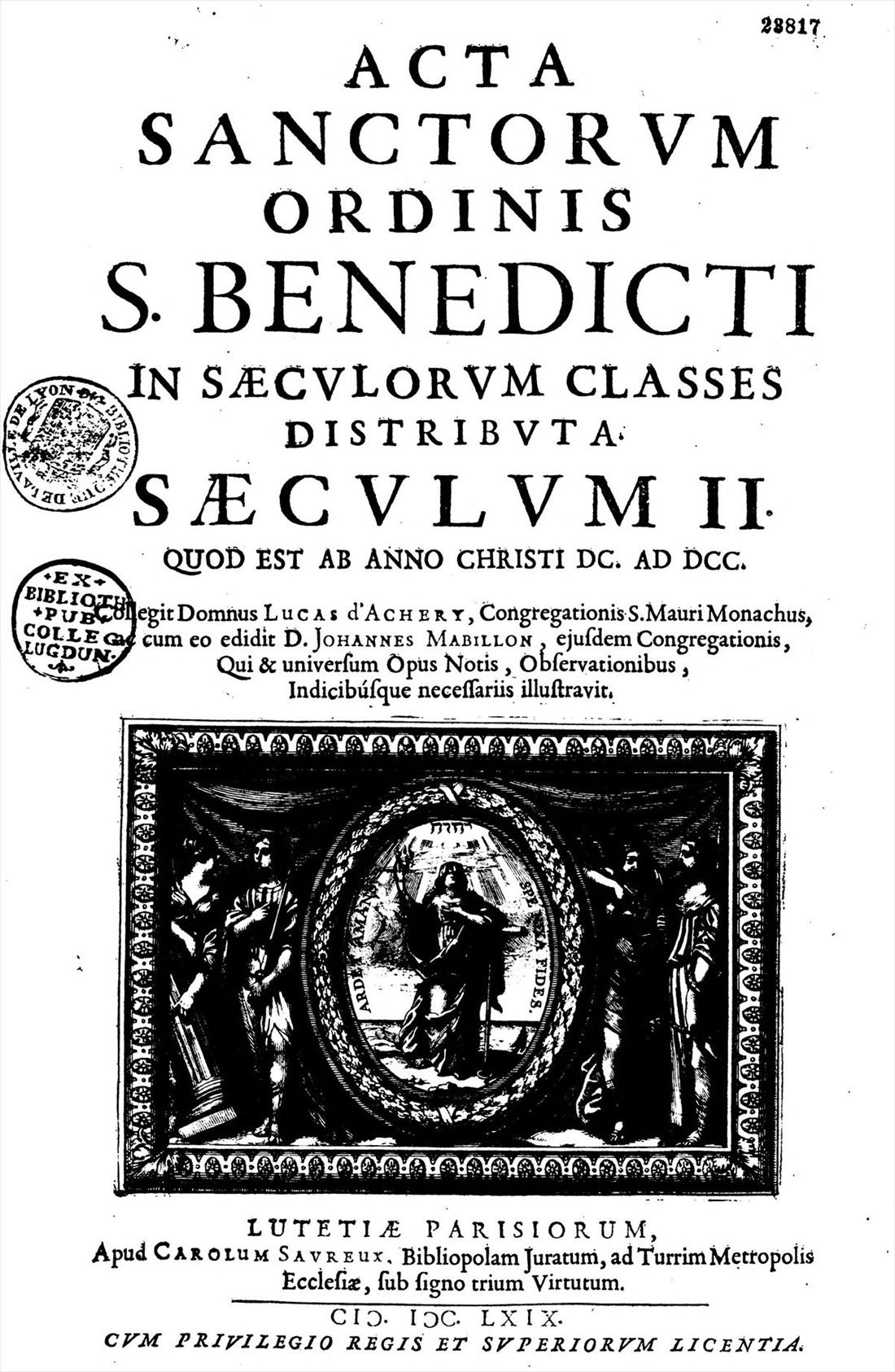 Gestochenes Titelblatt des zweiten Bandes der Acta sanctorum ordinis sancti Benedicti, Paris, 1669