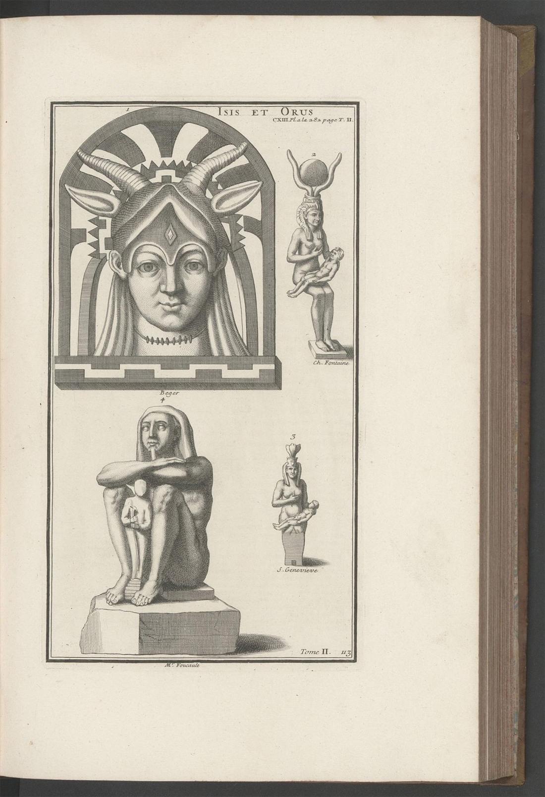 Planche gravée intitulée Isis et Orus : une tête masquée dans une niche, deux statues debout d’Isis à l’enfant et une figure accroupie