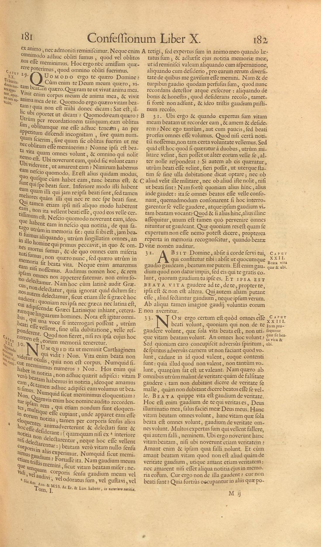Page des Confessions dans le tome premier, sur deux colonnes, avec les lettres de renvoi dans la gouttière