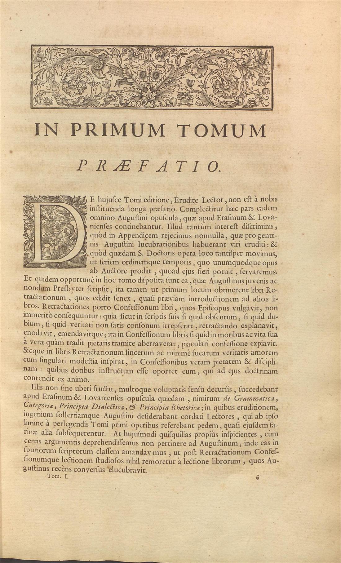 Première page de la préface des éditeurs au tome premier, intitulée In primum tomum praefatio