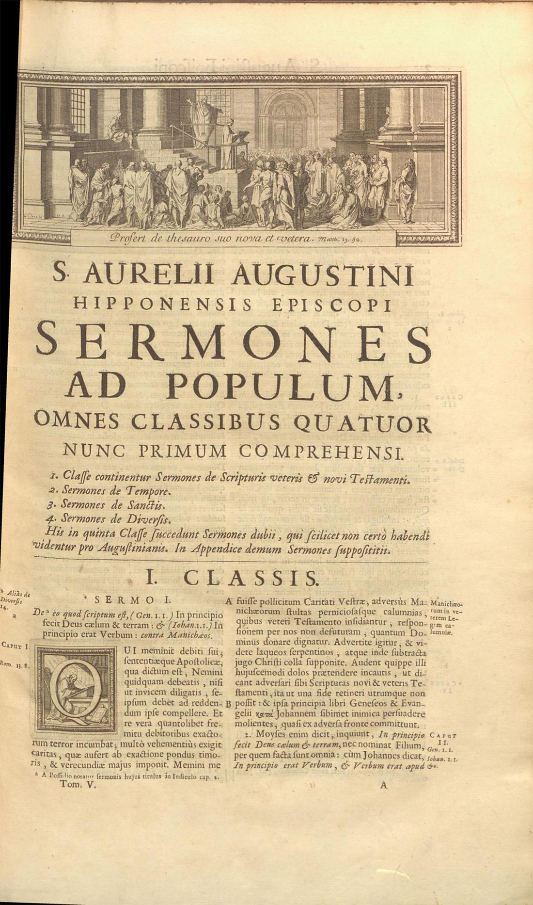 Gravure d’Augustin prêchant en tête du tome cinquième, au-dessus du faux-titre des sermons