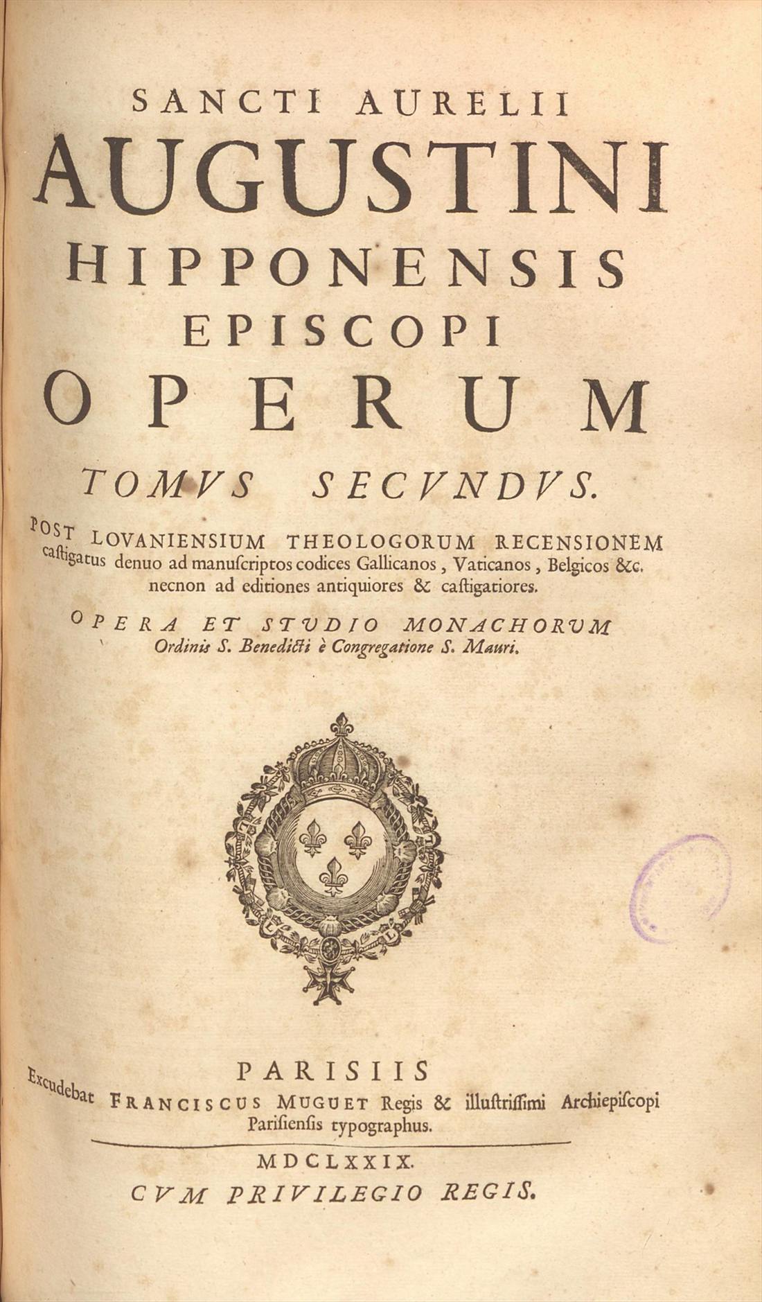 Page de titre du premier tome de l’édition mauriste d’Augustin, Paris, 1679