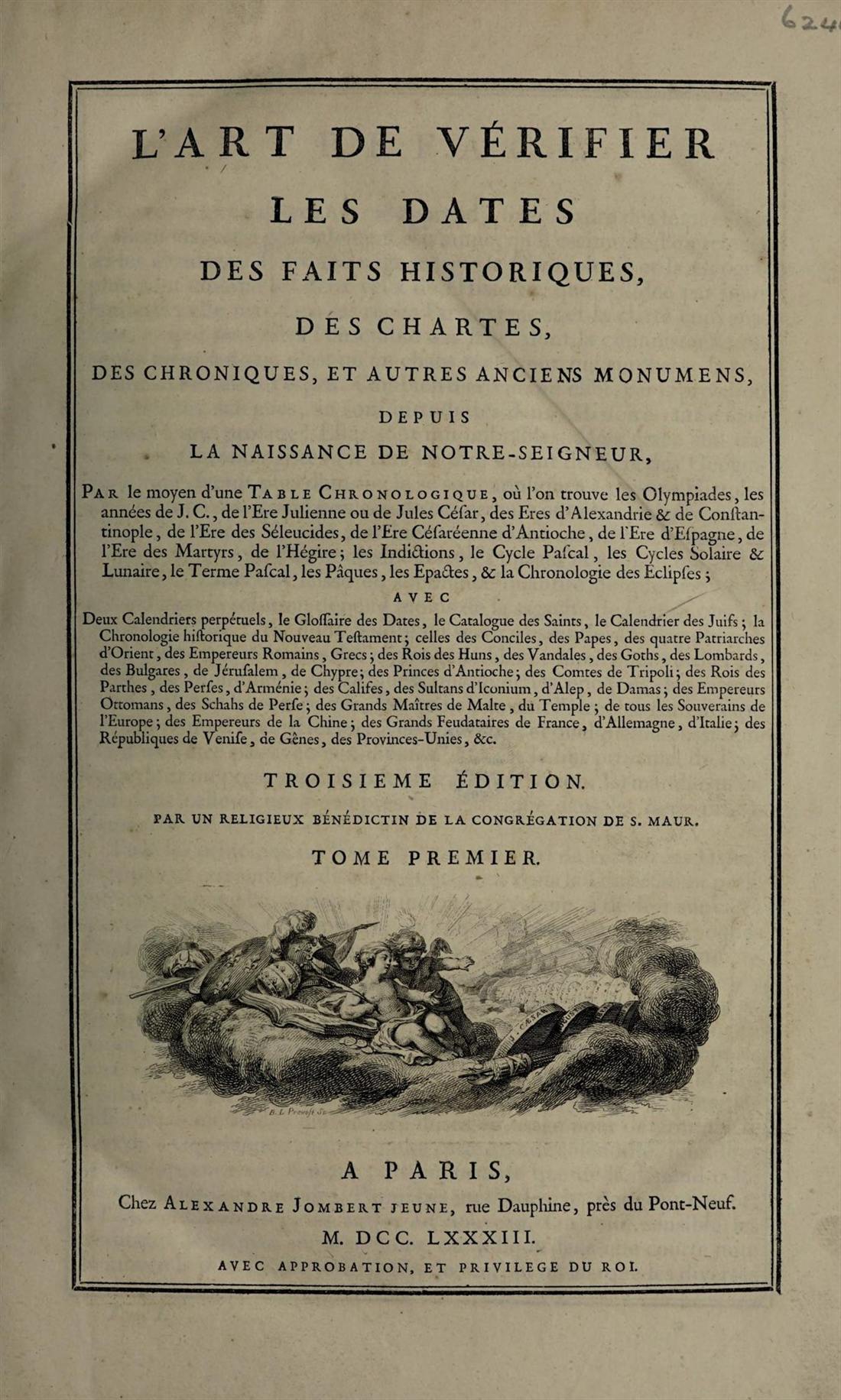 Page de titre de la troisième édition de L’Art de vérifier les dates, Paris, 1783