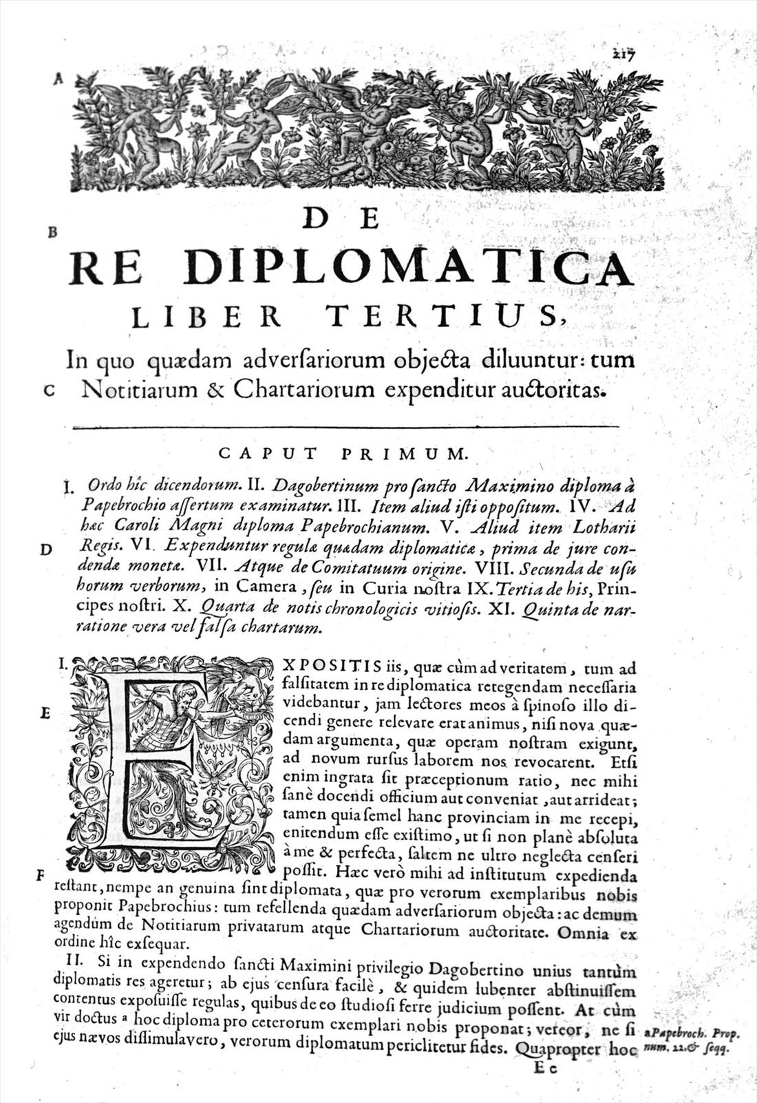 Première page du livre III du De re diplomatica, 1681