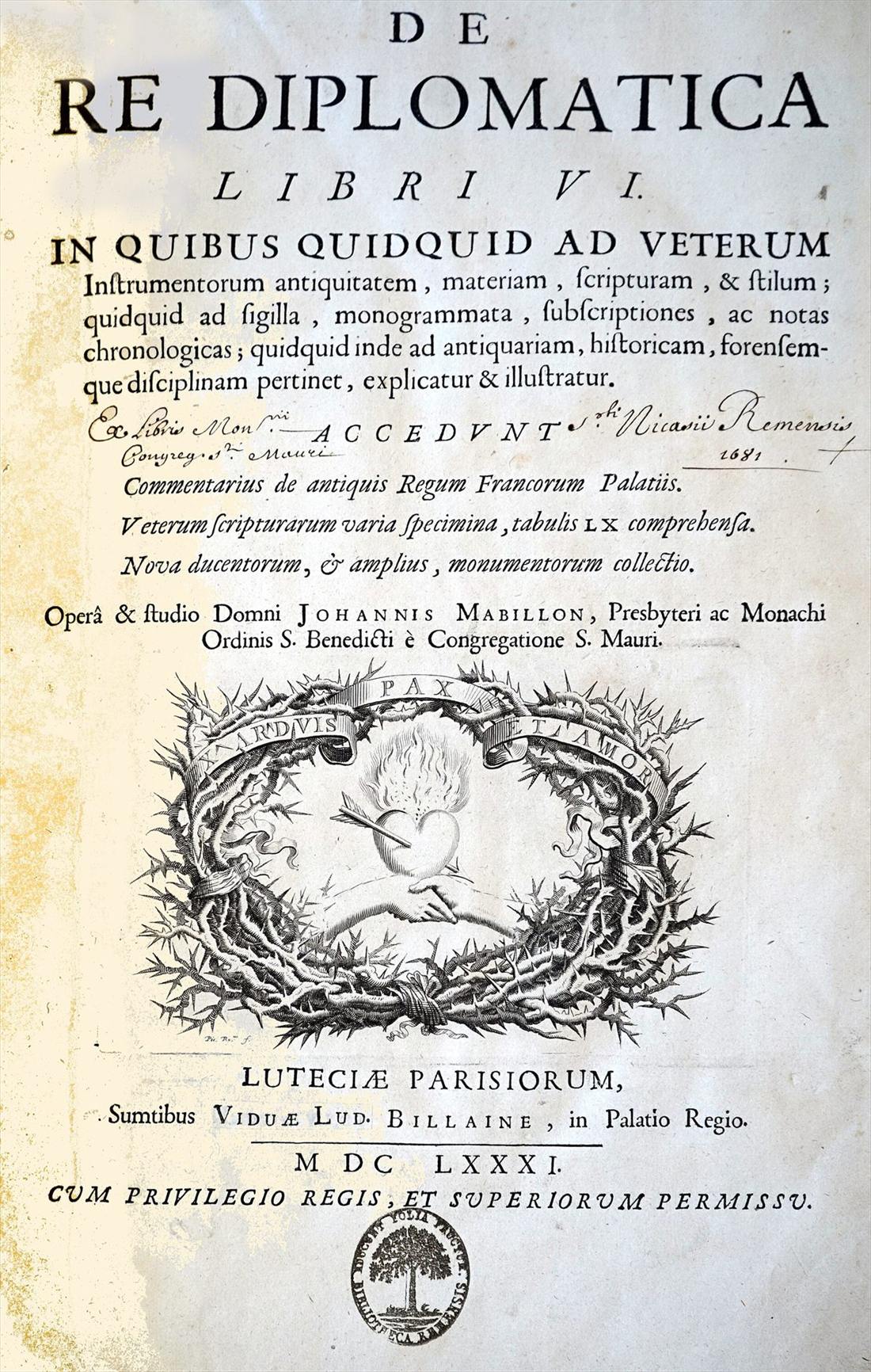 Page de titre du second état, avec un ex-libris manuscrit de l’abbaye de Saint-Nicaise