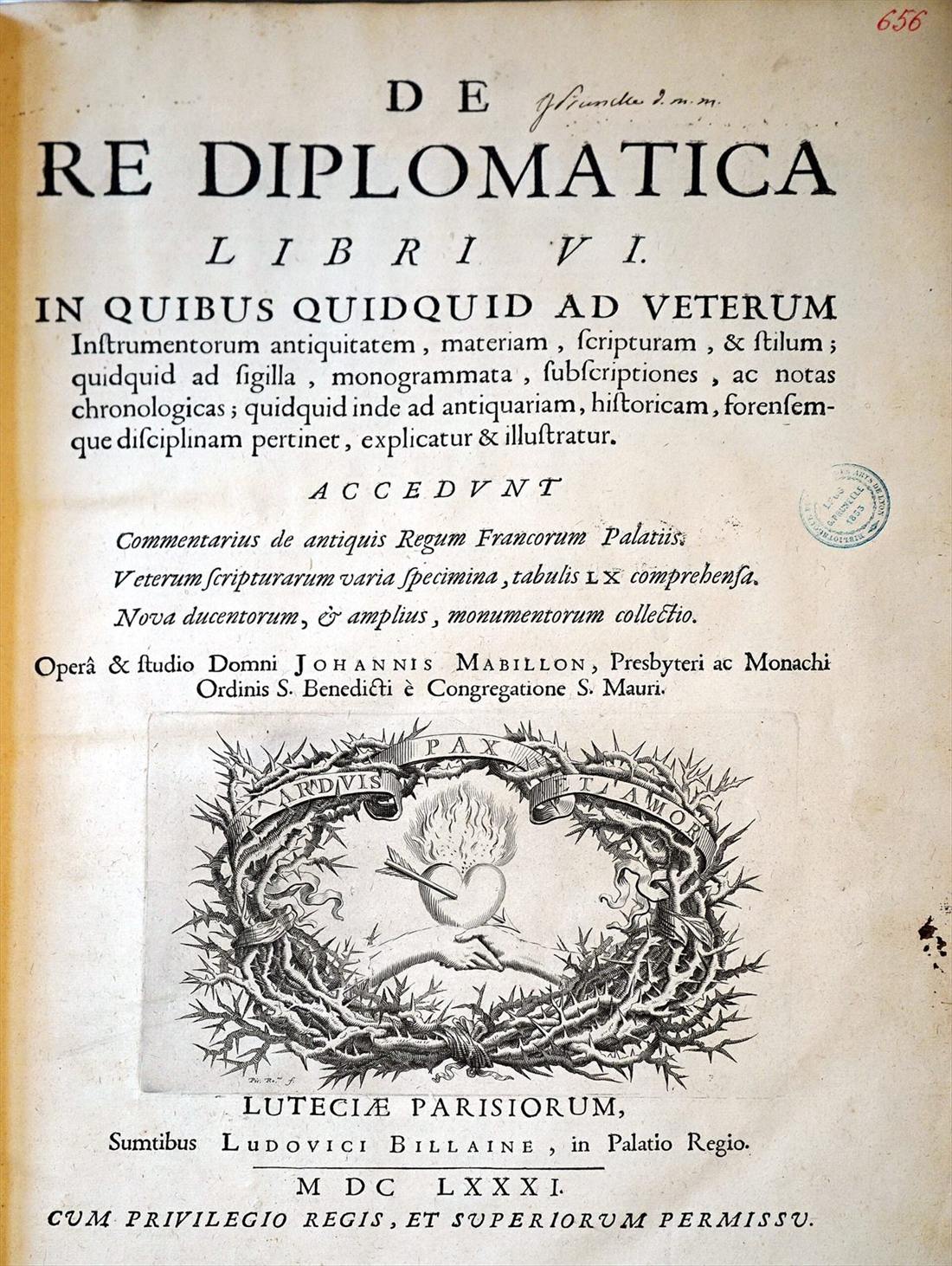 Page de titre du De re diplomatica, Paris, 1681