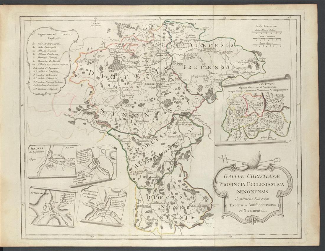 Carte gravée de la province ecclésiastique de Sens, avec une légende et quatre plans de villes en cartouche