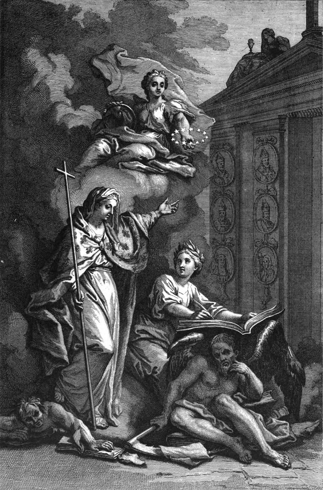 Frontispice allégorique du volume premier, 1715, avec une figure ailée du Temps tenant un in-folio ouvert