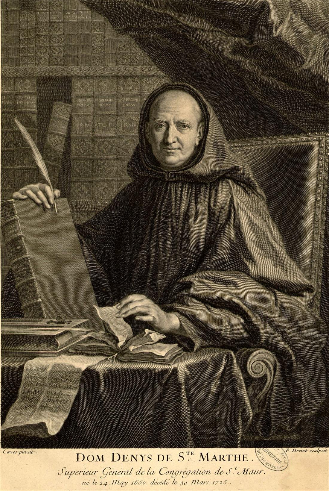 Portrait gravé de dom Denis de Sainte-Marthe, assis, la plume à la main, devant une table couverte de papiers