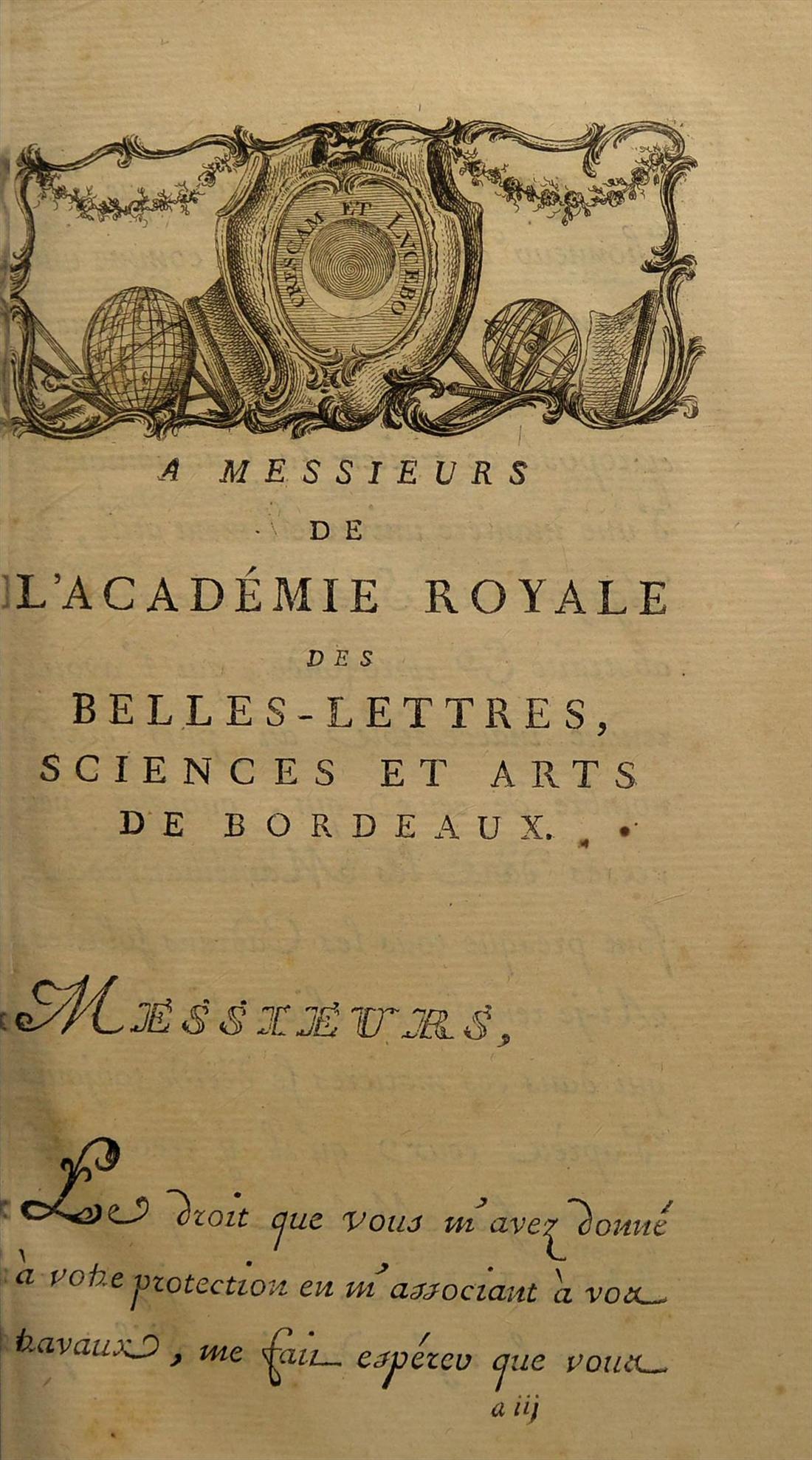 Le début de la dédicace à l’académie de Bordeaux, sous un bandeau gravé