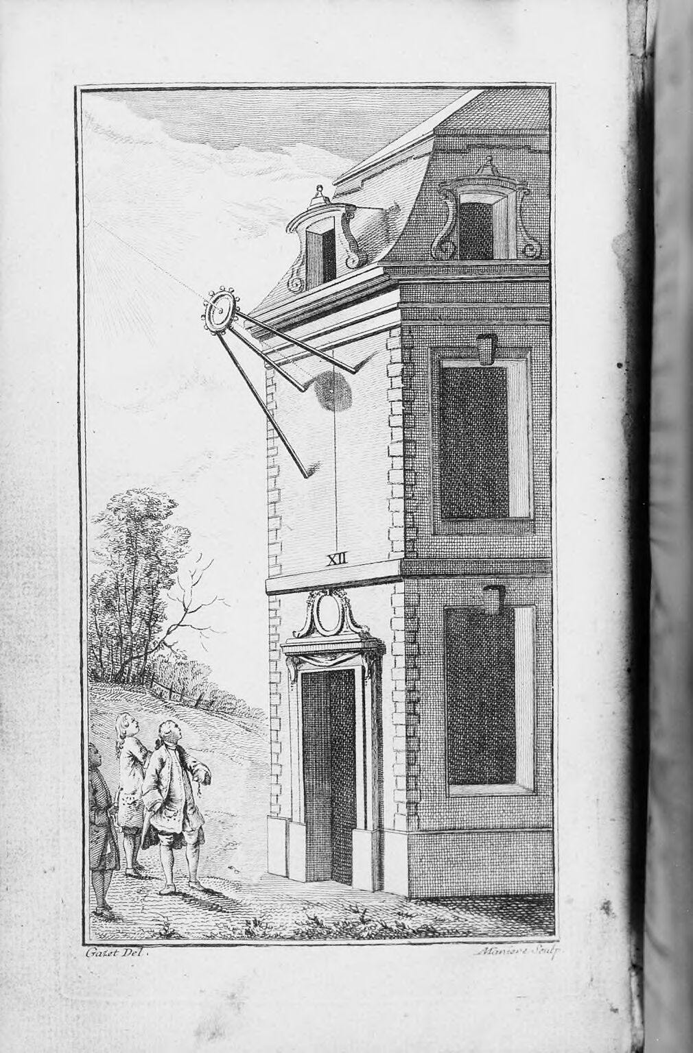Frontispice : une méridienne peinte sur la façade d’une maison, trois hommes dans la ruelle regardant la tache de lumière de midi