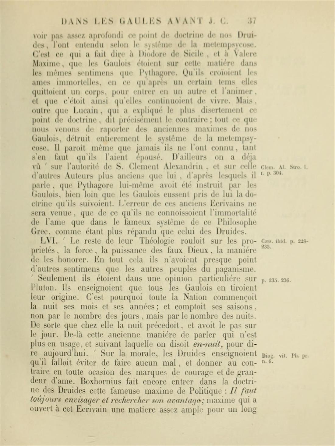 Page 37 of tome I, a numbered paragraph on the doctrine of the Druids, with references printed in the outer margin