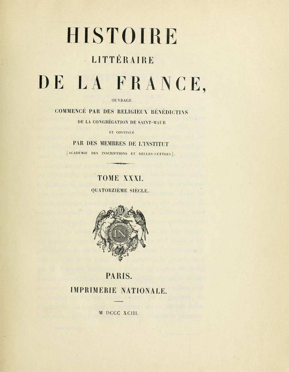 Title page of tome XXXI of the Histoire littéraire de la France, Paris, Imprimerie nationale, 1893