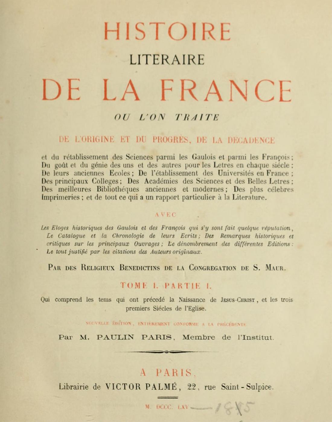 Title page of tome I of the Histoire littéraire de la France, Paris, Victor Palmé, 1865