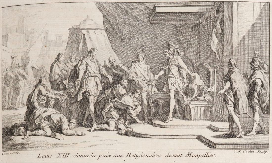 Kupferstich Ludwigs XIII., der den Protestanten vor Montpellier den Frieden gewährt, 1622