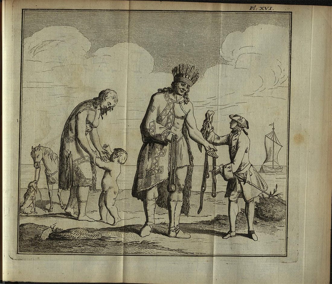 Engraved plate: a Patagonian in a feathered head-dress holding out cloth to a French officer
