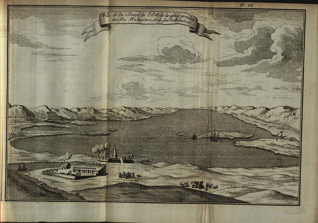 Engraved view of the bay and the French settlement, with lettered features