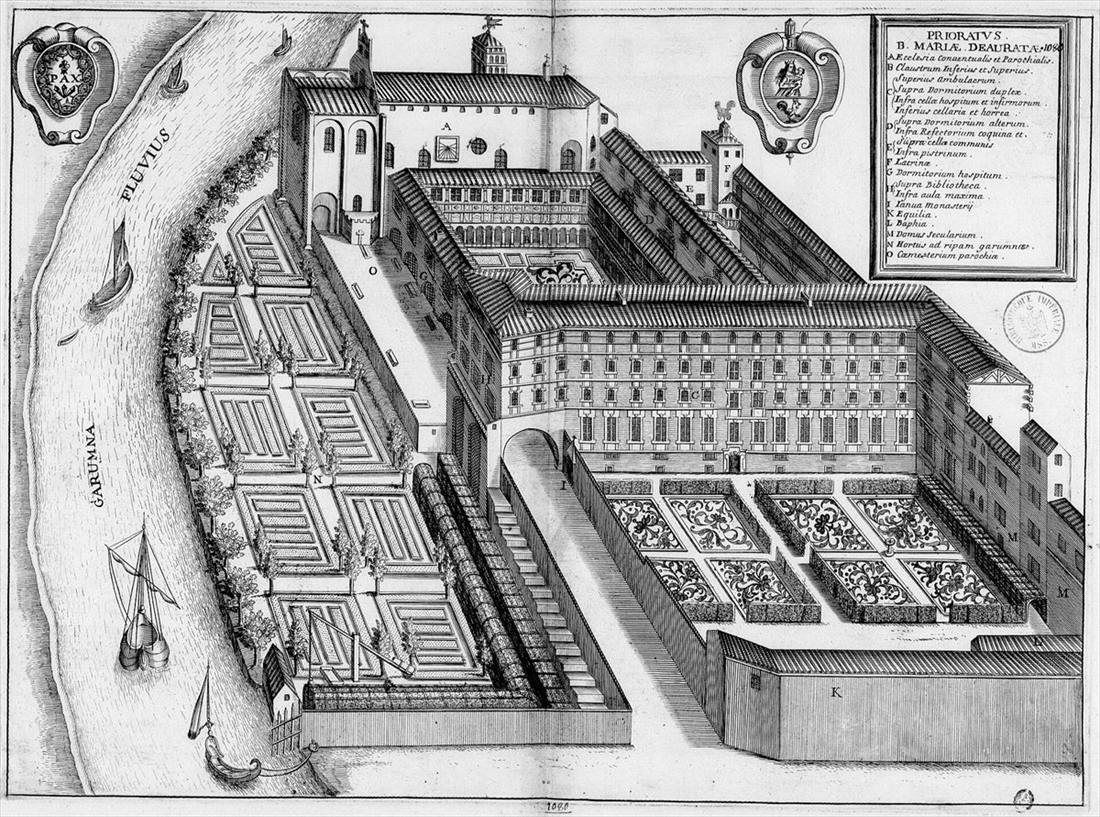 Engraved bird’s-eye view of the priory of Notre-Dame de la Daurade at Toulouse on the bank of the Garonne