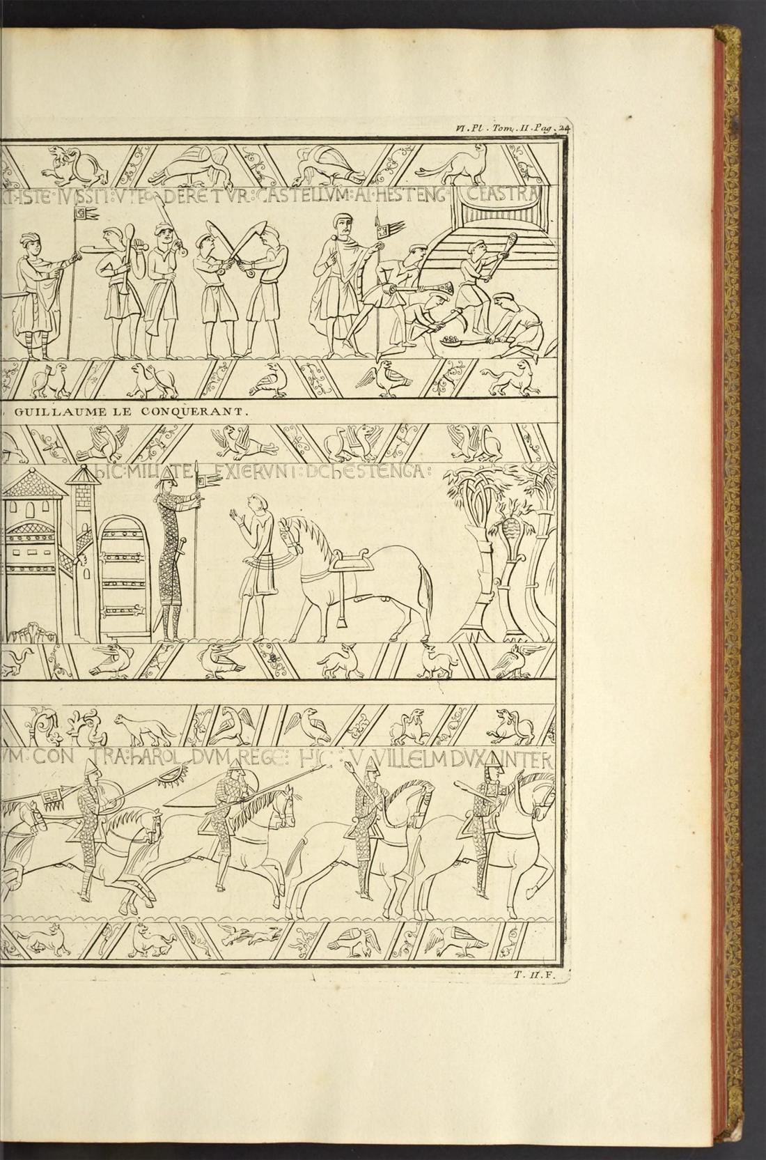 Engraved plate of the Bayeux hanging: the castle dug at Hastings, knights riding out, and mounted men charging
