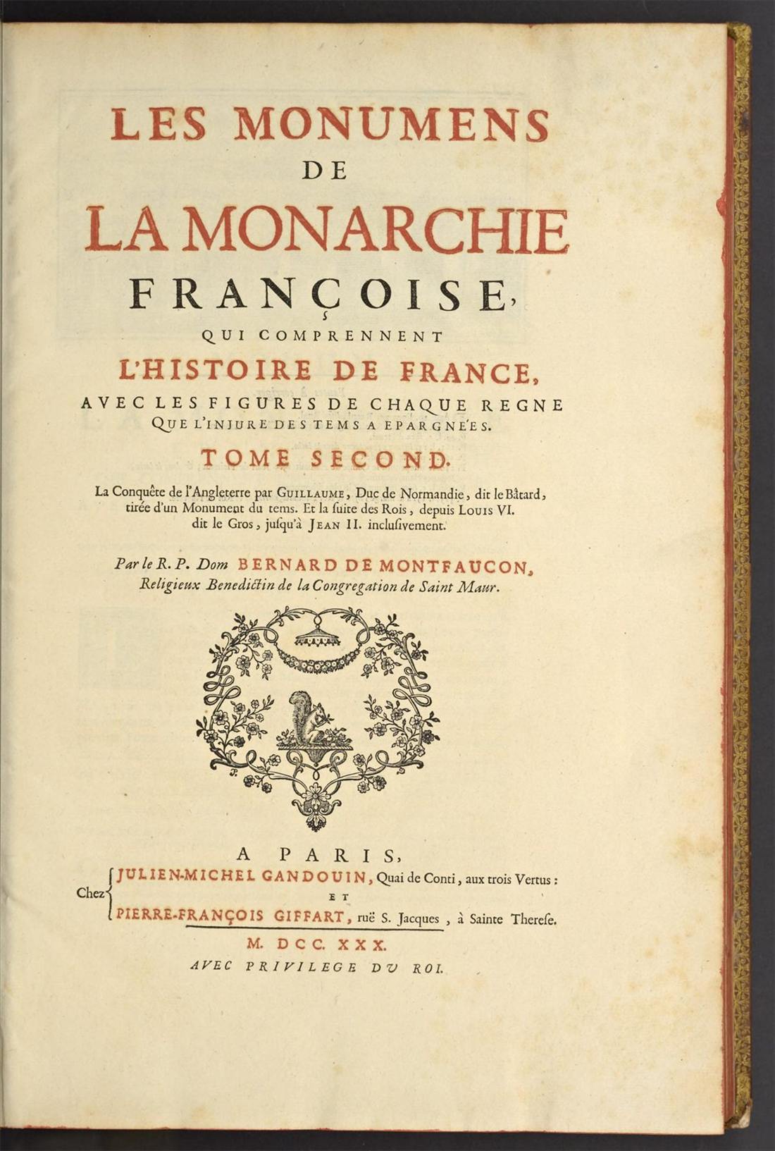 Red-and-black letterpress title page of the second volume, Paris, 1730