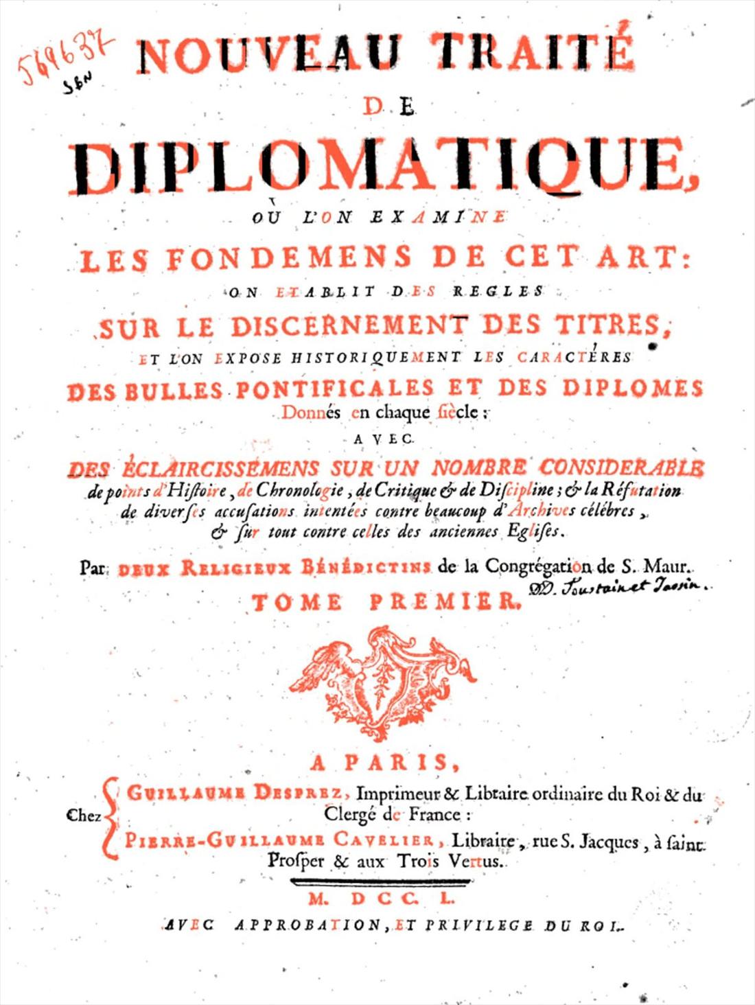 Portada del Nouveau traité de diplomatique, impresa en rojo y negro, París, 1750