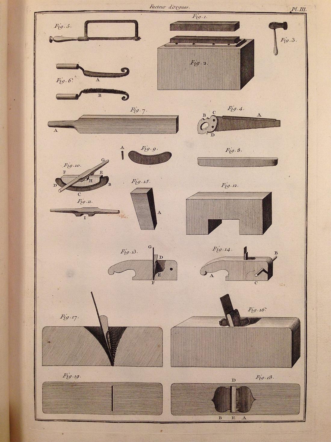 Planche gravée des outils du facteur d’orgues : établi, scies, râpes, limes et rabots, chaque figure numérotée