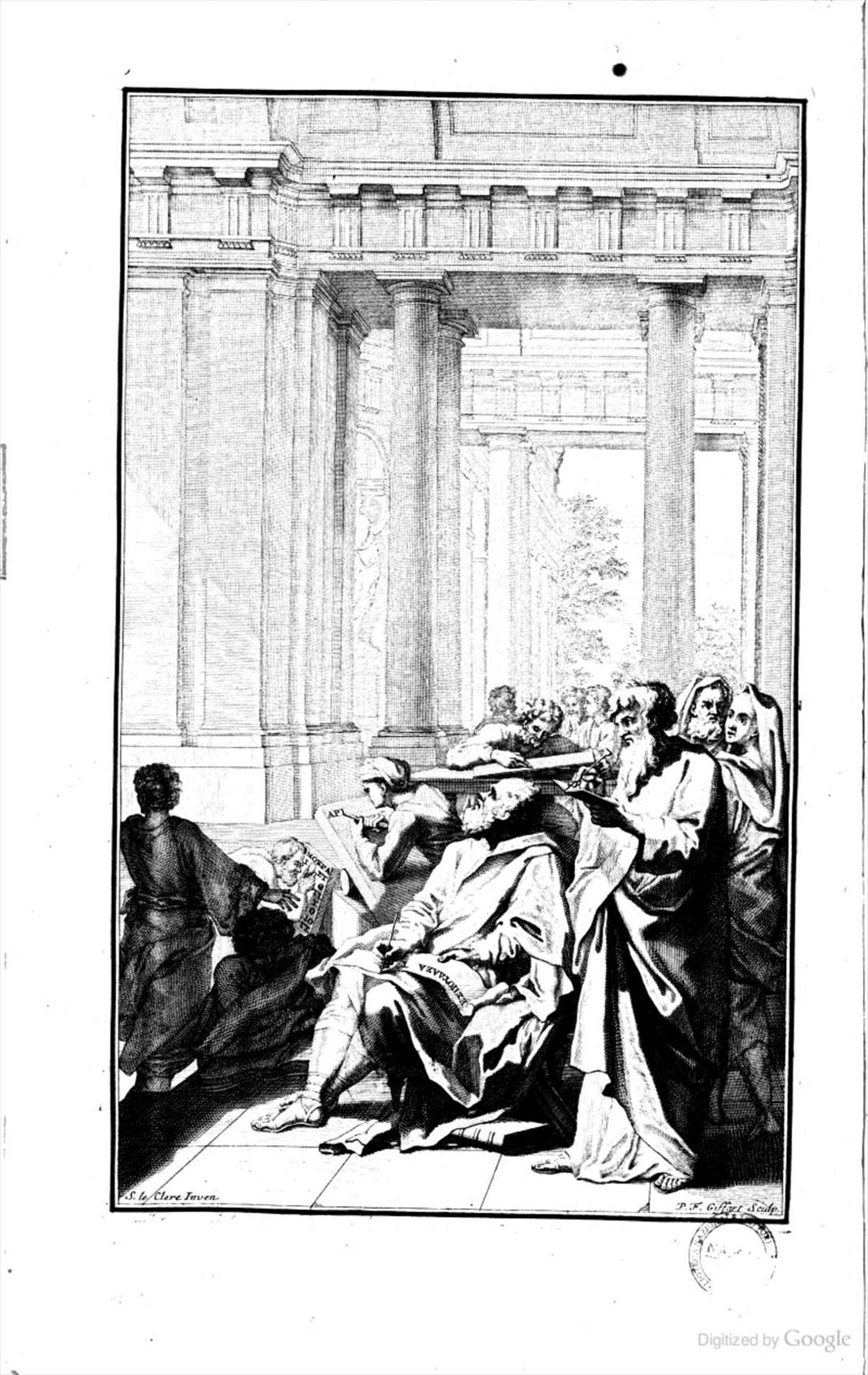 Frontispice gravé : des sages antiques copiant une inscription sous une colonnade, l’un d’eux écrivant sur un rouleau