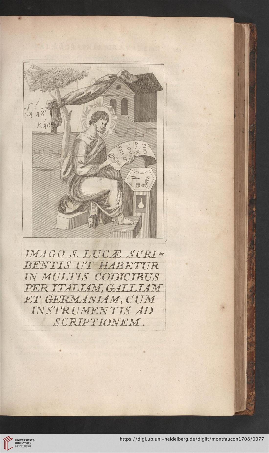 Planche gravée de saint Luc écrivant sur un rouleau, les instruments du copiste posés auprès de lui