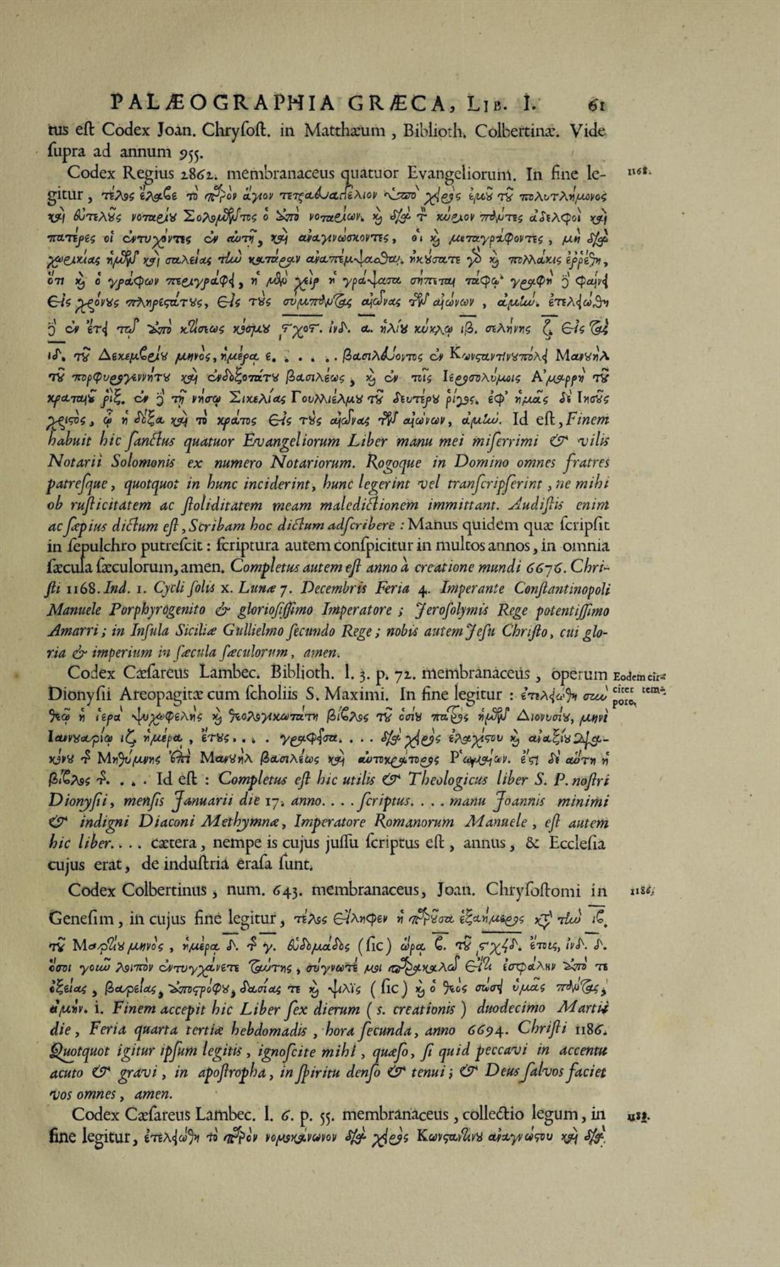 Page 61 de la Palaeographia graeca : souscriptions grecques de manuscrits datés, imprimées avec leur traduction latine