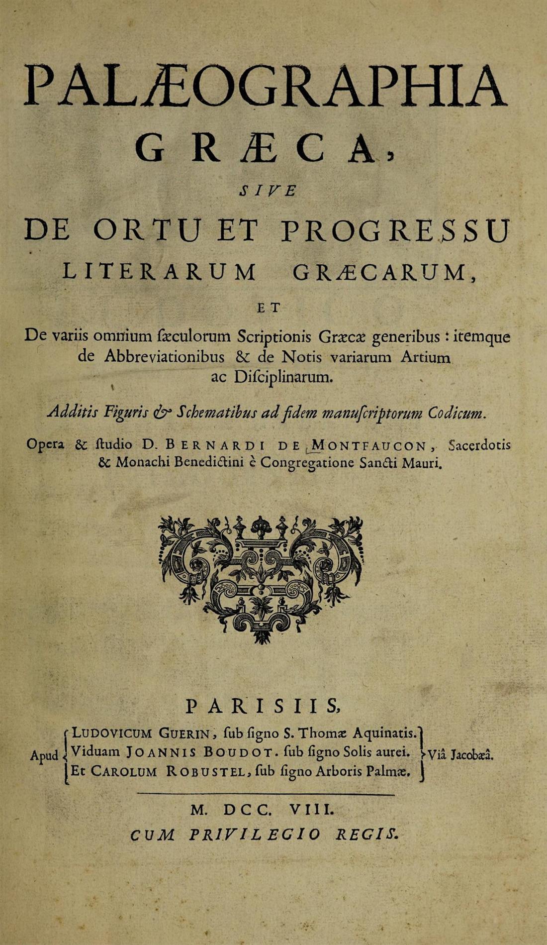 Page de titre de la Palaeographia graeca, Paris, 1708