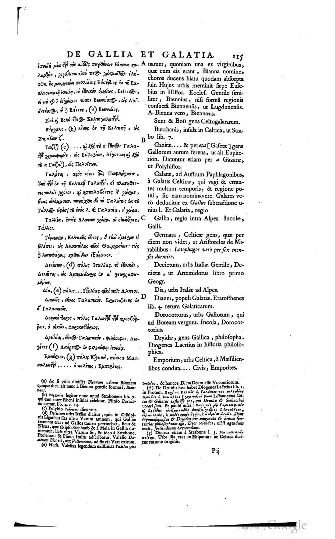 Seite 115 des ersten Bandes: griechischer Text in der linken Spalte, der lateinische gegenüber, die Buchstaben A bis D am Rand
