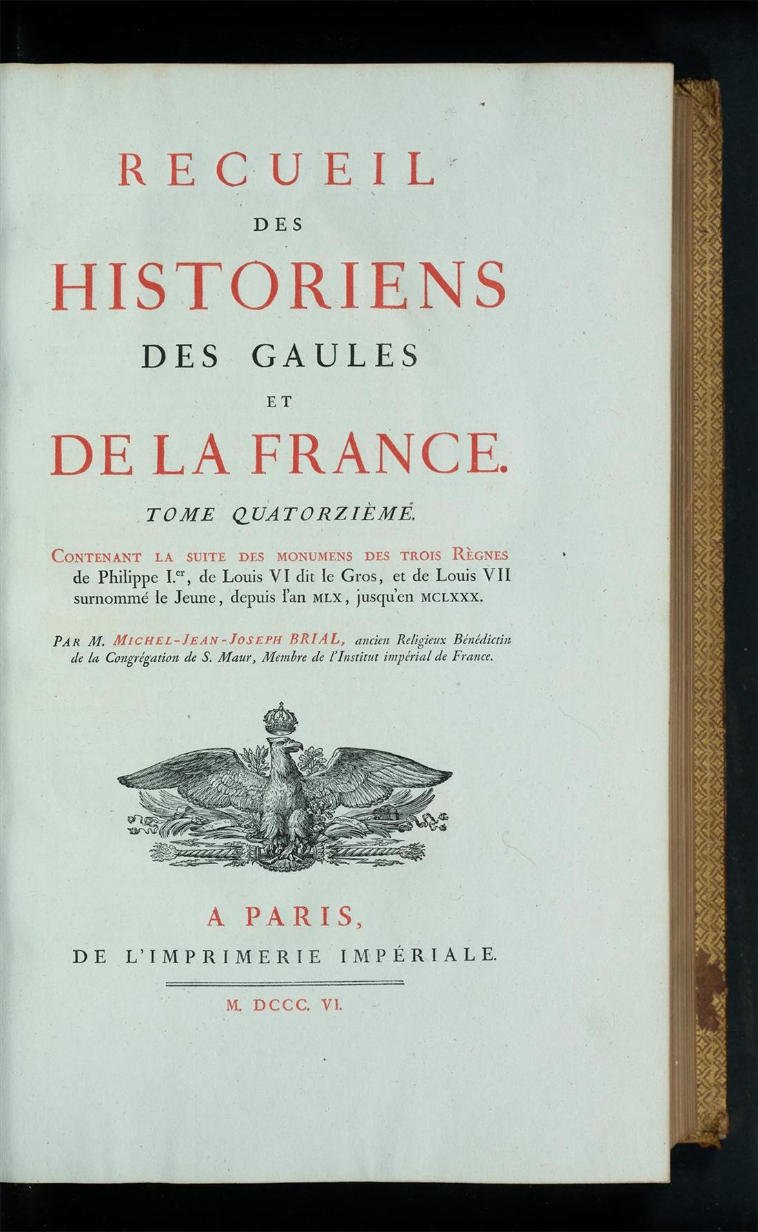 Titelblatt des vierzehnten Bandes des Recueil des historiens des Gaules et de la France, Paris, Imprimerie impériale, 1806