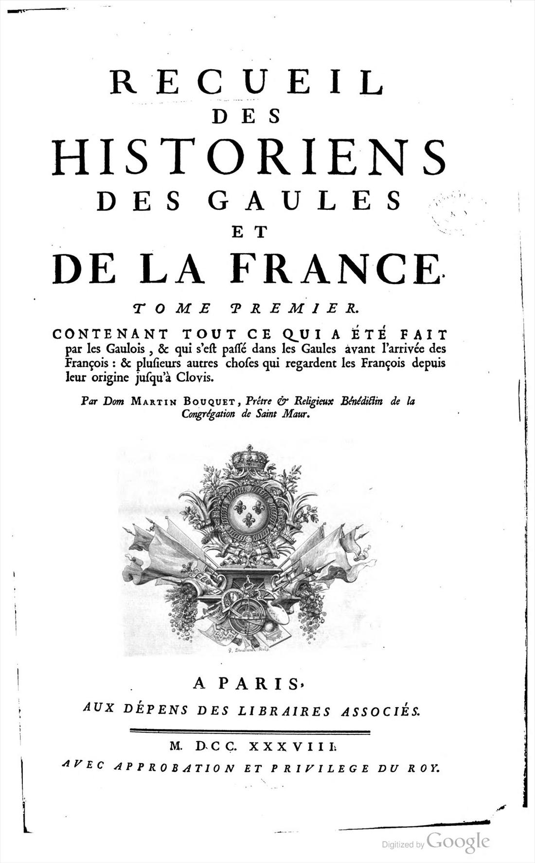 Titelblatt des ersten Bandes des Recueil des historiens des Gaules et de la France, Paris, 1738