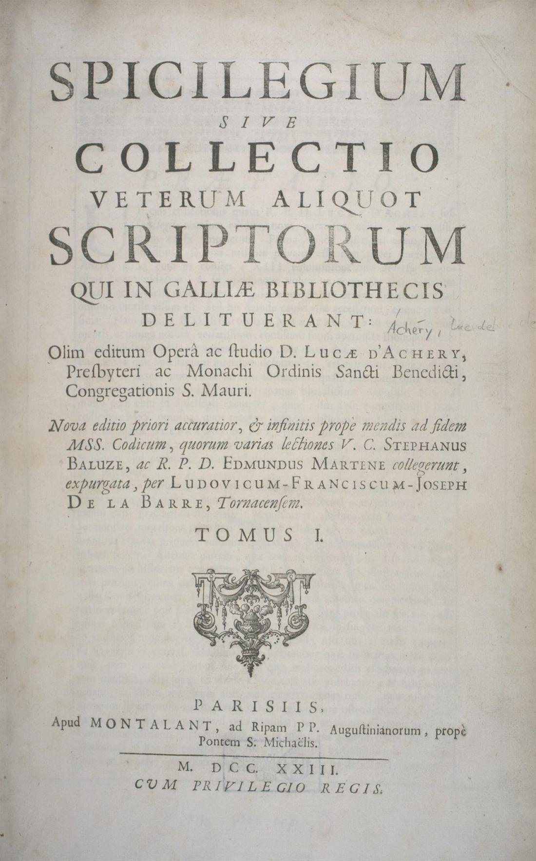 Page de titre du premier volume in-folio du Spicilegium de 1723, Paris, Montalant