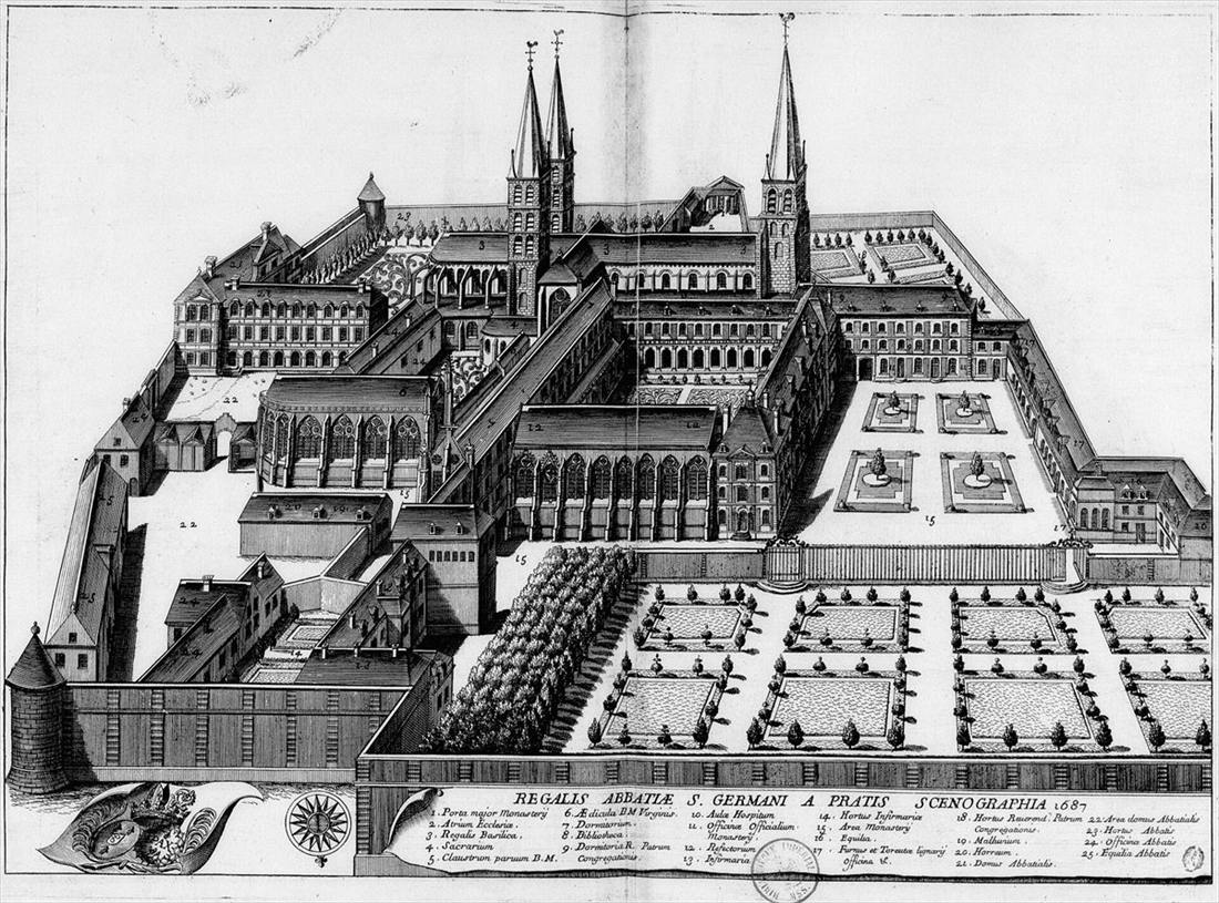 Gravure à vol d’oiseau de l’abbaye de Saint-Germain-des-Prés en 1687, avec une légende numérotée
